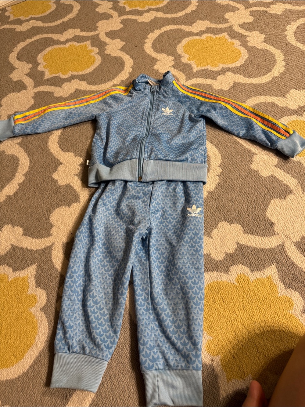 adidas Light Blue Kids Track Set with Rainbow Shoulder Stripes